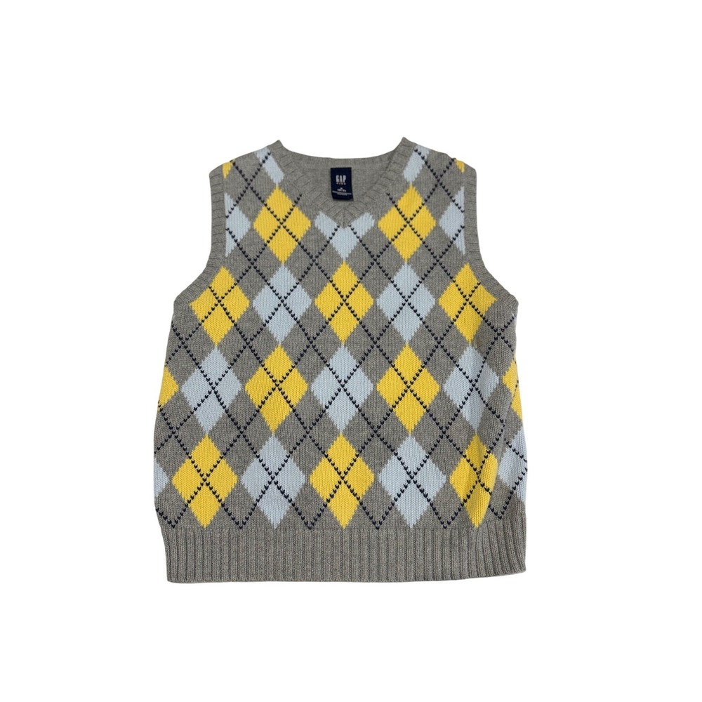 Gap Kids Argyle Sweater Vest Gray Yellow Blue V-Neck Size S 6-7 Preppy‎ Knit